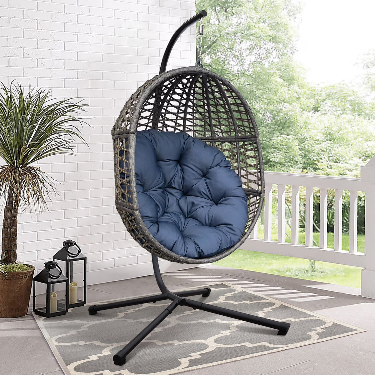 Navy Blue Resin Wicker Hanging Egg Chair U36525