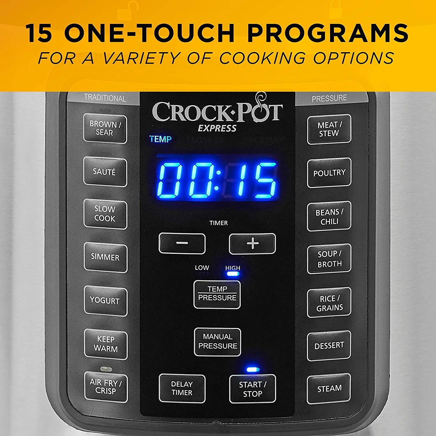8 Quart Programmable Slow Cooker & Pressure Cooker with Air Fryer Lid, Stainless Steel Q6709