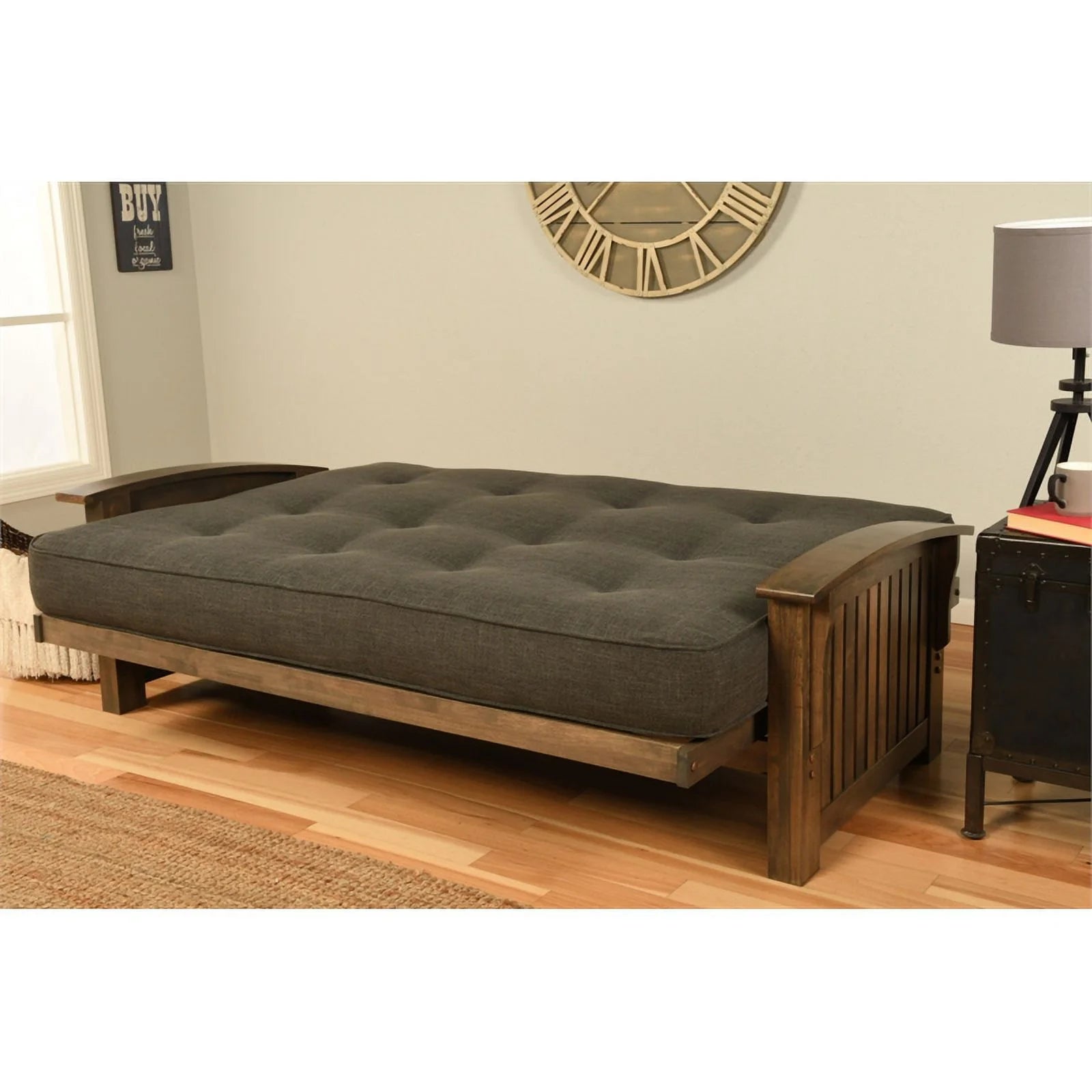 Rustic Walnut Futon with Suede Black Mattress C6323