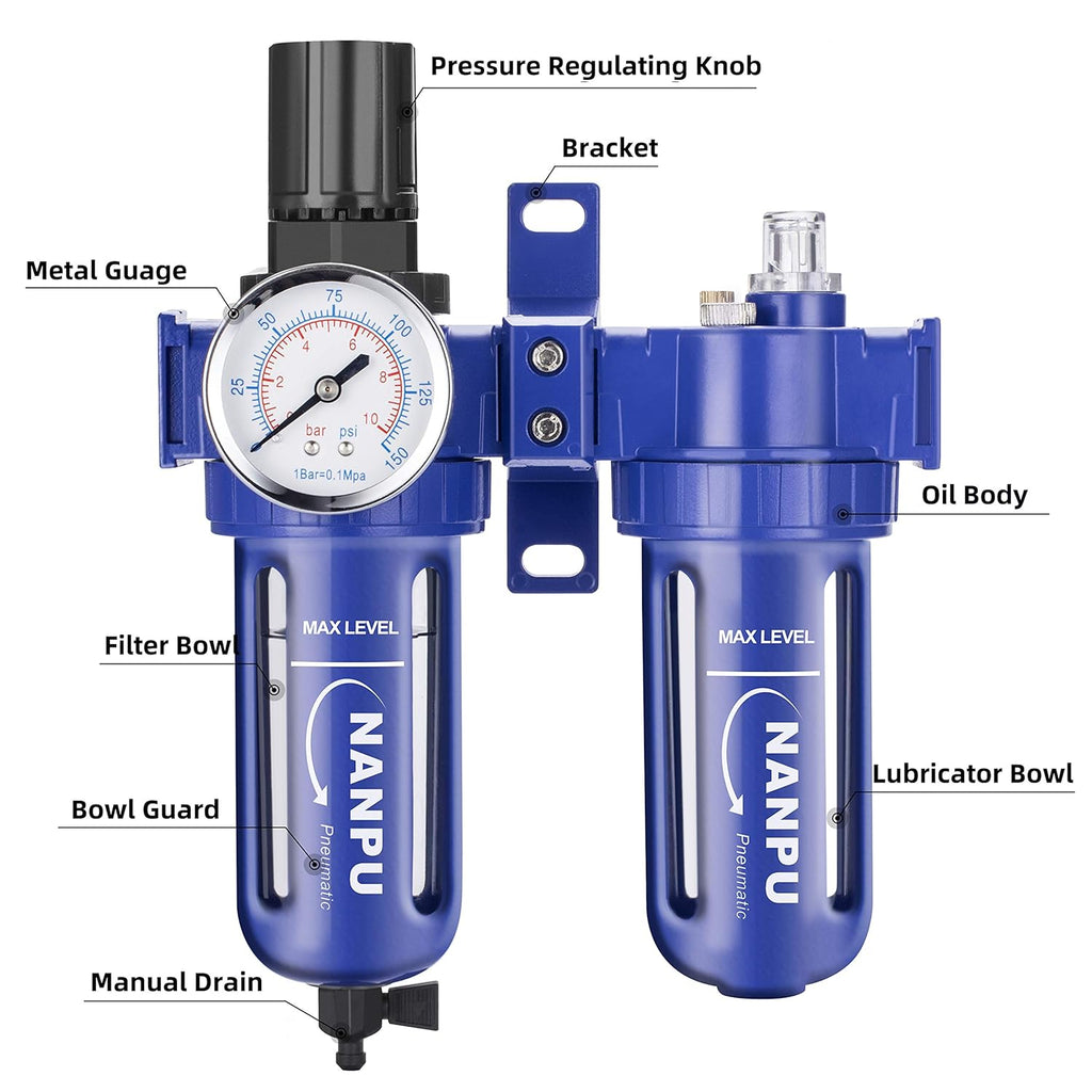 1/2 NPT Compressed Air Filter Regulator Lubricator, Zinc Alloy, 5 Micron Brass Element, 0-150 psi Gauge Q91971