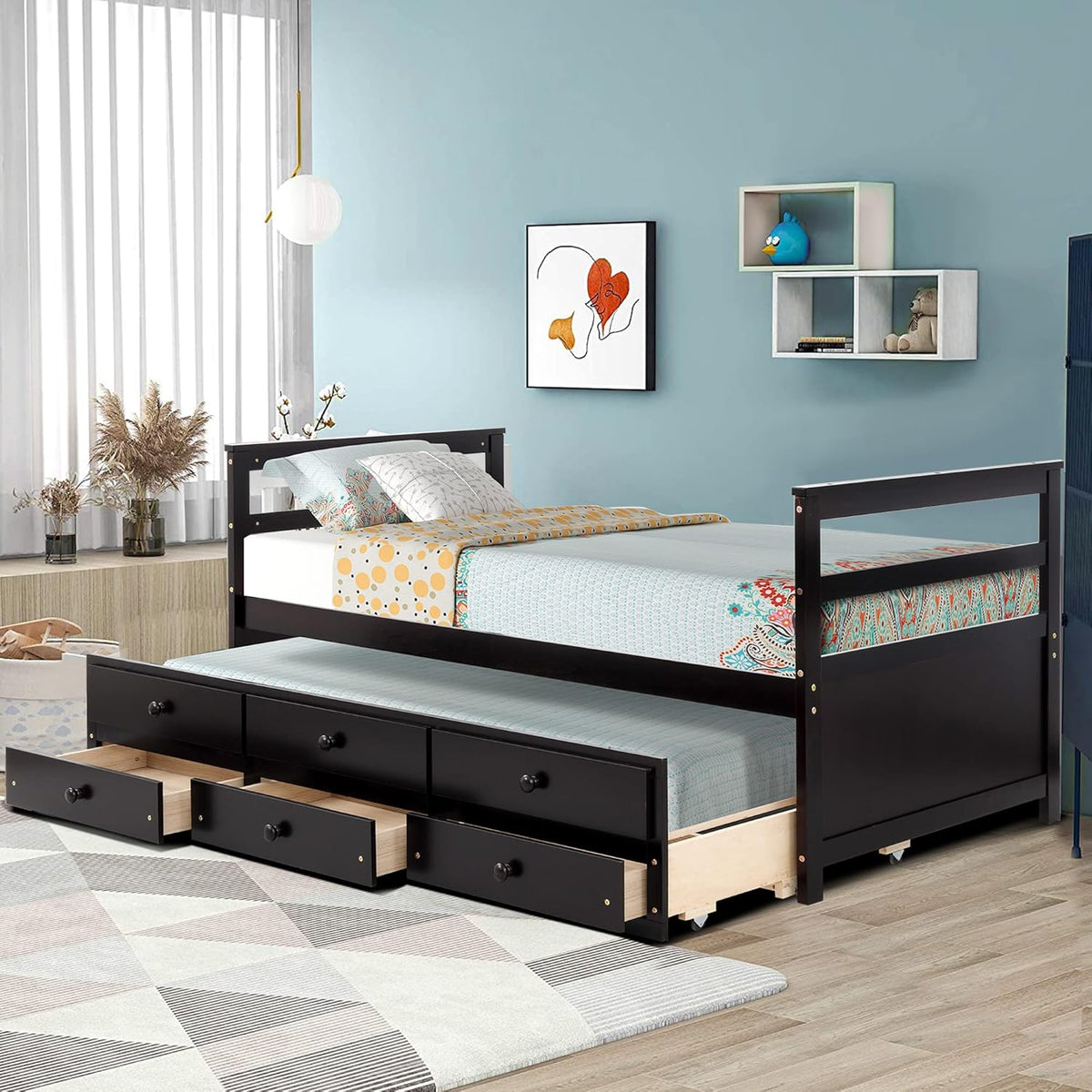 White Twin Captain Bed with Trundle and 3 Storage Drawers B524