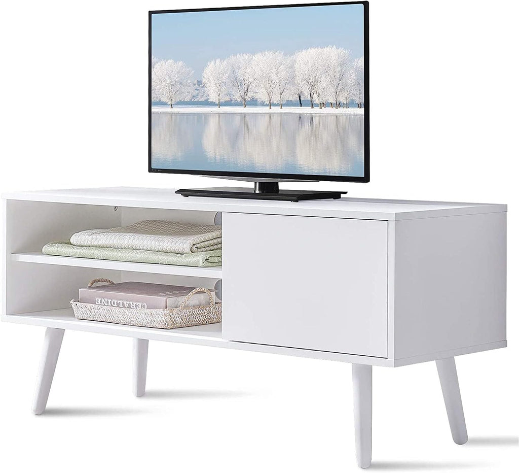 White Wood TV Stand with Shelves I903549