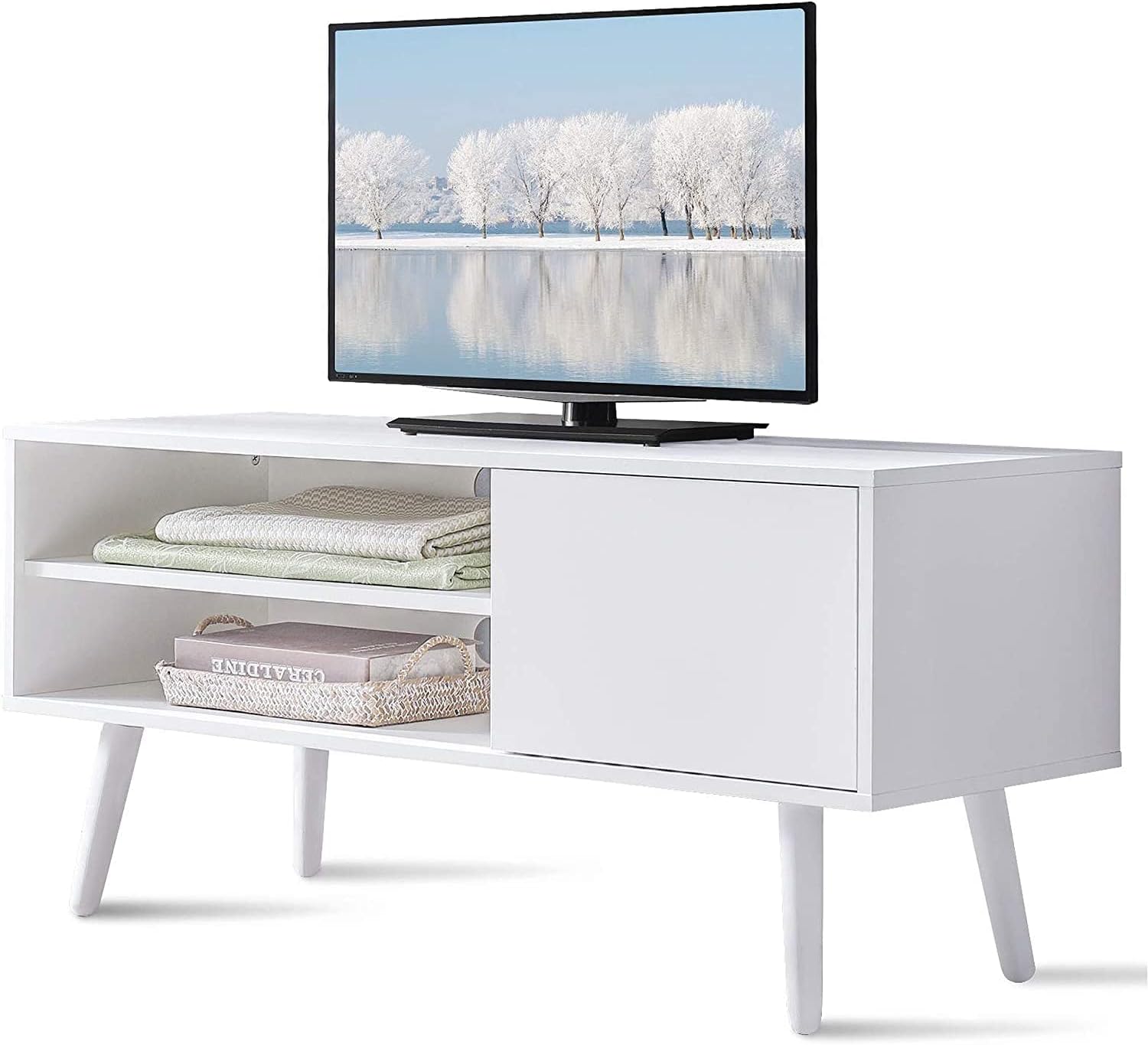 White Wood TV Stand with Shelves I903549