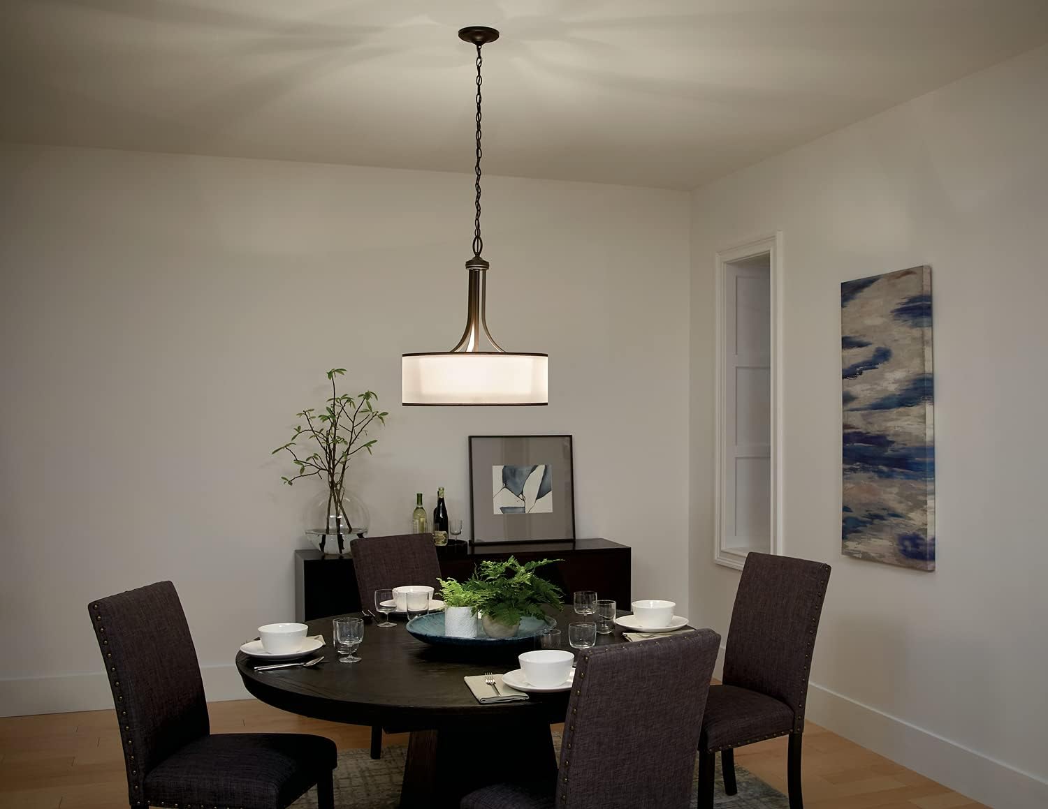 4 Light Pendant with Satin Etched Cased Opal Inner Diffusers and Light Umber Translucent Organza Outer Shade in Mission Bronze G2249