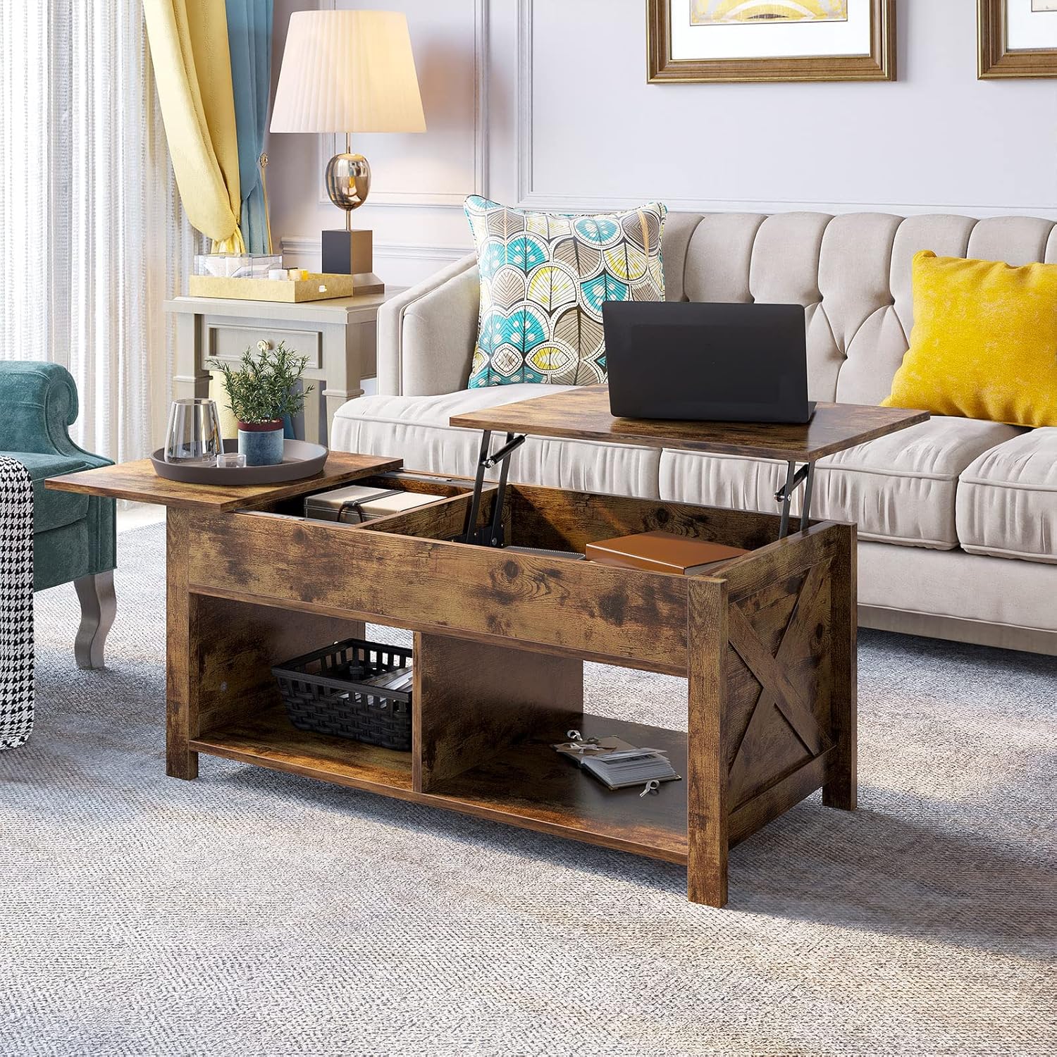Lift Top Coffee Table with Storage, Solid Wood, Brown T7725