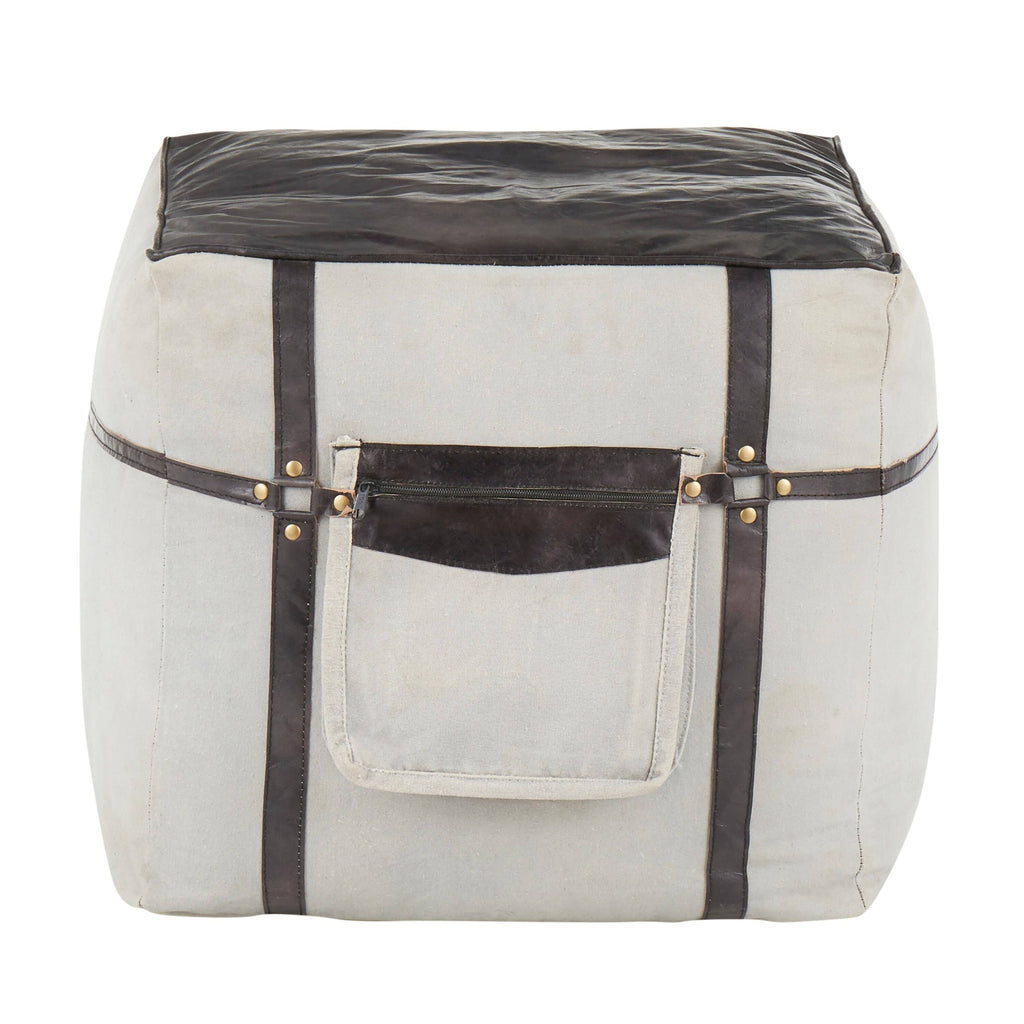 Black Leather Grey Canvas Pouf F8787