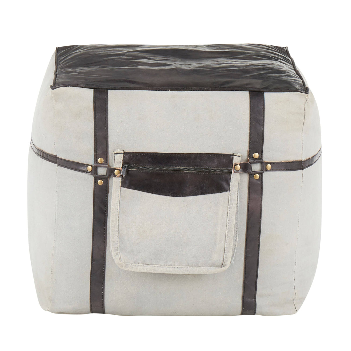 Black Leather Grey Canvas Pouf F8787