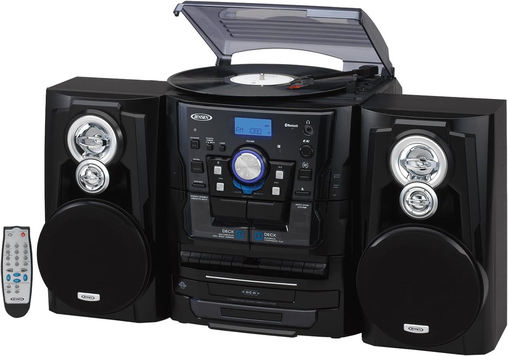 Bluetooth 3-Speed Stereo Turntable and 3 CD Changer with Dual Cassette Deck D624201
