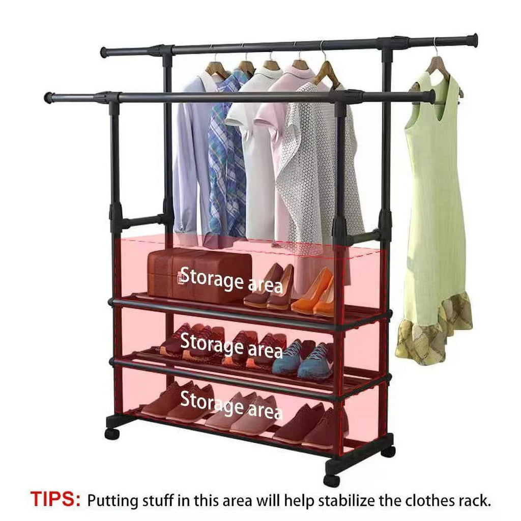 Black Rolling Garment Rack with Bottom Shelves O407