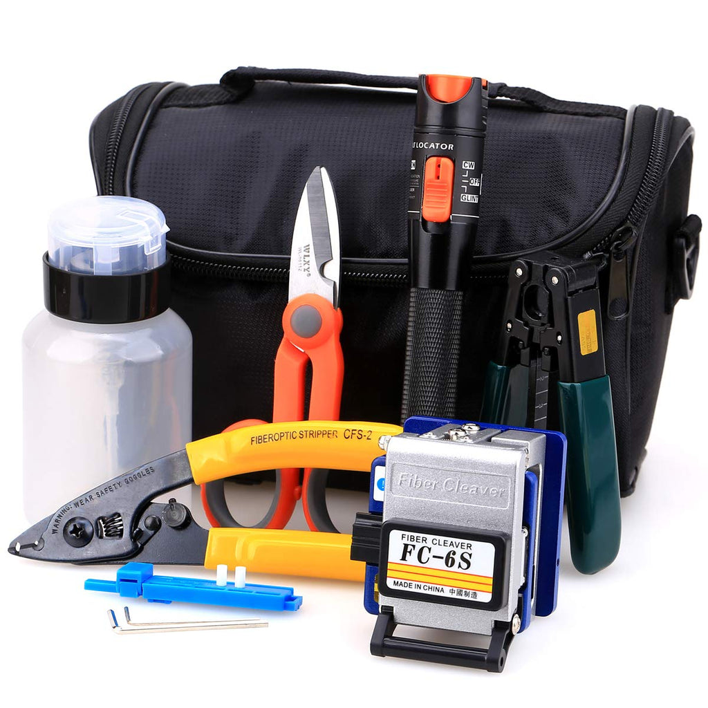 16 in 1 FTTH Fiber Optical Cable Cold Connection Tool Kit with FC-6S Fiber Cleaver Aluminum Visual Fault Locator Cable Tester Stripper Tool Kevlar Scissors Equipment L4637