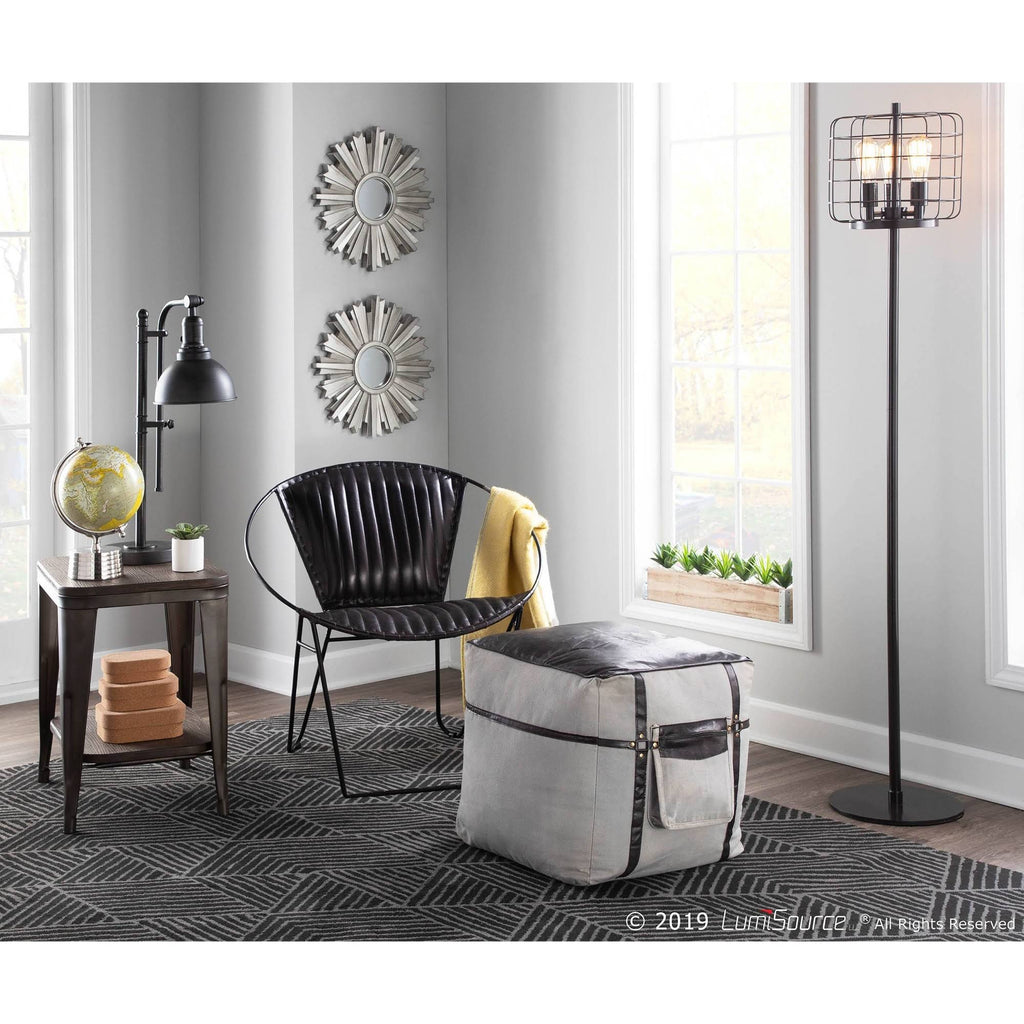 Black Leather Grey Canvas Pouf F8787