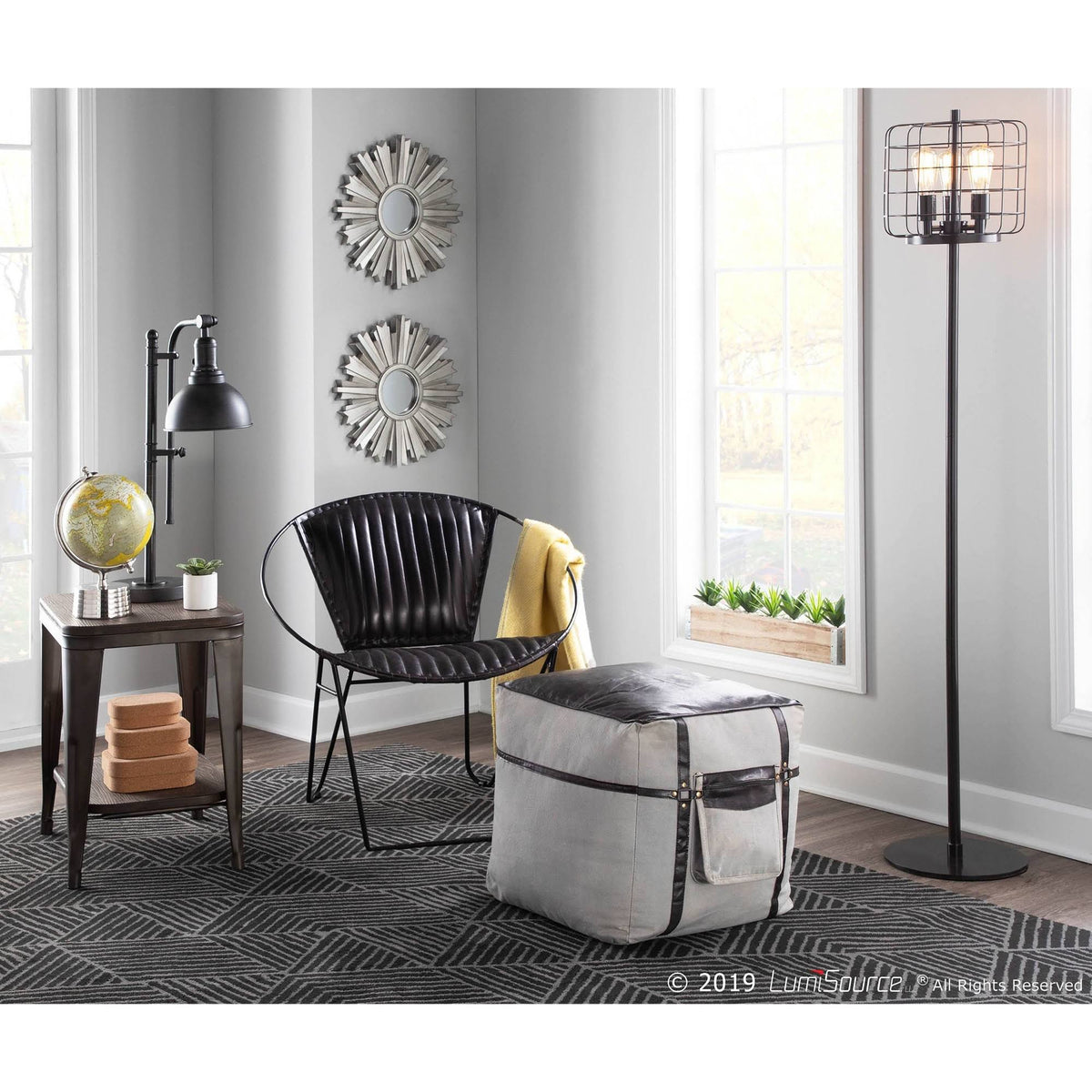 Black Leather Grey Canvas Pouf F8787