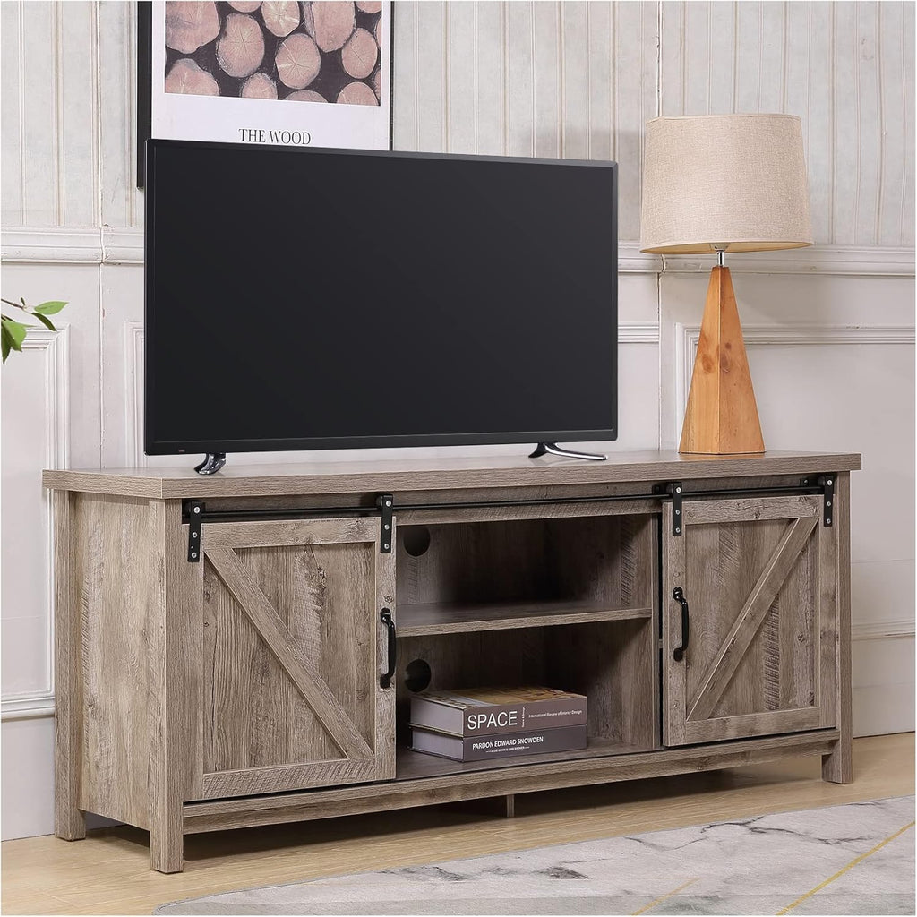 Farmhouse TV Stand with Double Sliding Barn Door Storage Cabinet P104