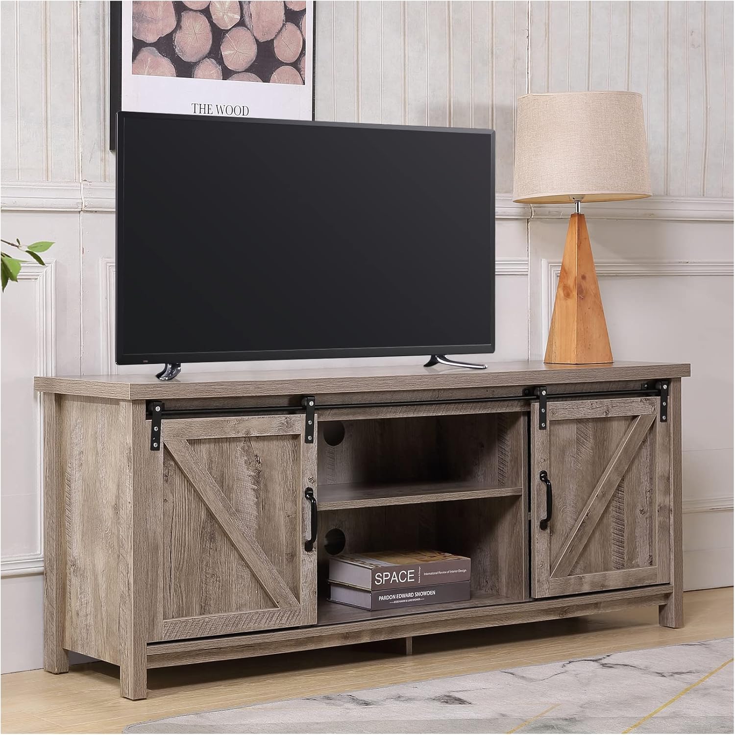 Farmhouse TV Stand with Double Sliding Barn Door Storage Cabinet P104