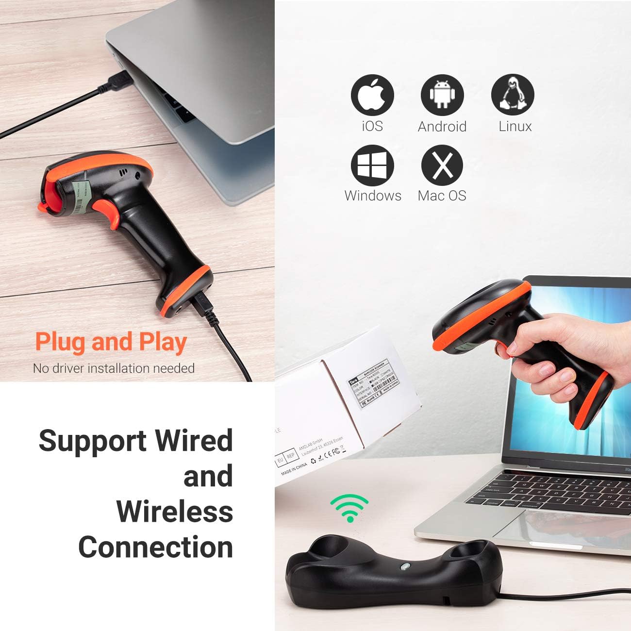 Pack of 2 Wireless 1D 2D QR Barcode Scanner with Cradle D354