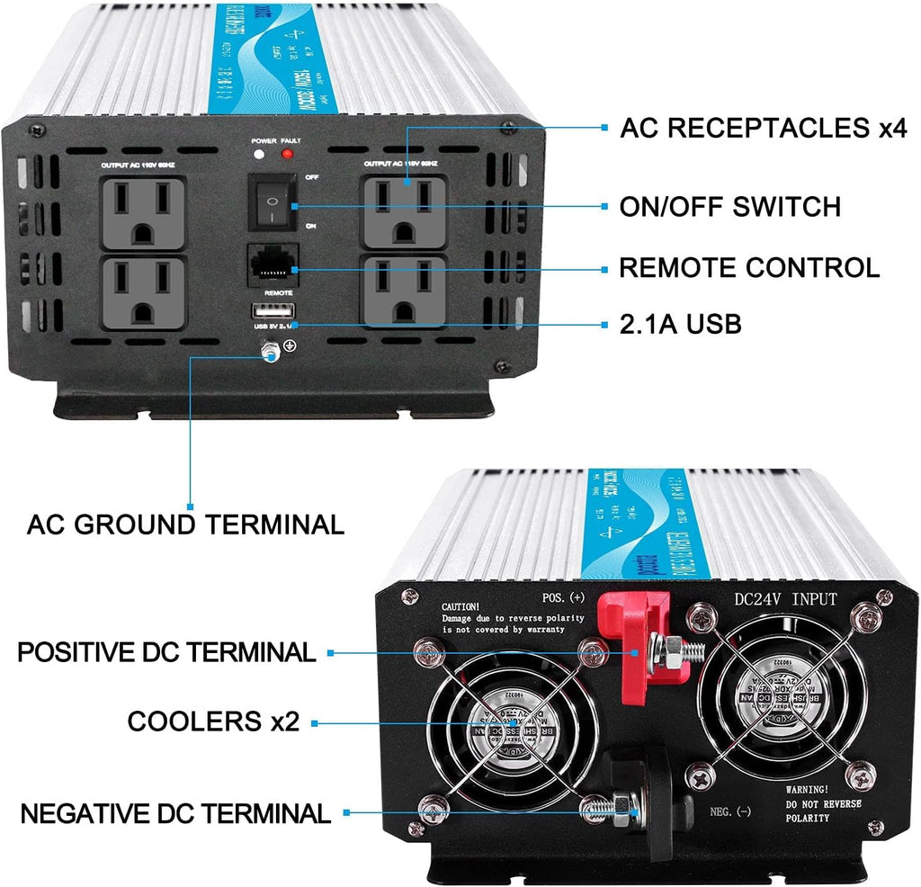 1500 Watt Pure Sine Wave Power Inverter DC 24V to 110V with 4 AC Outlets and 2.1A USB Ports Z7950