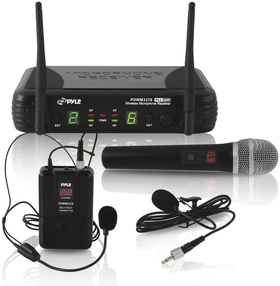 Black Wireless Microphone System with Headset and Lapel Mic R408377