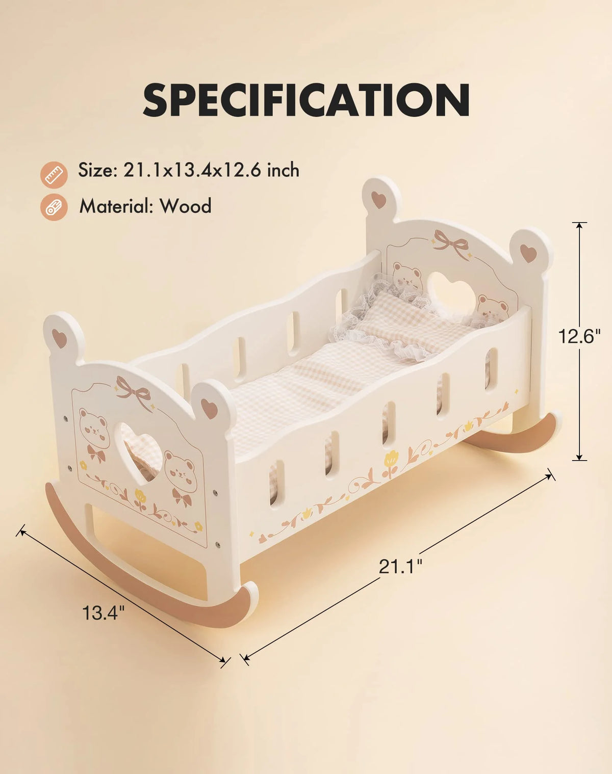 Beige Wooden Doll Cradle with Bedding M2636