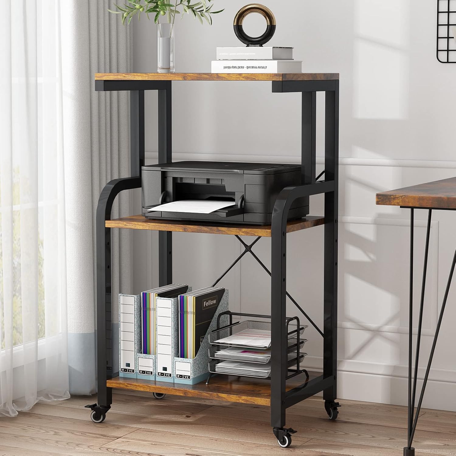 3-Tier Mobile Printer Stand with Storage, Lockable Rolling Wheels, Adjustable Storage Shelf Rack, Rustic Brown Q774642
