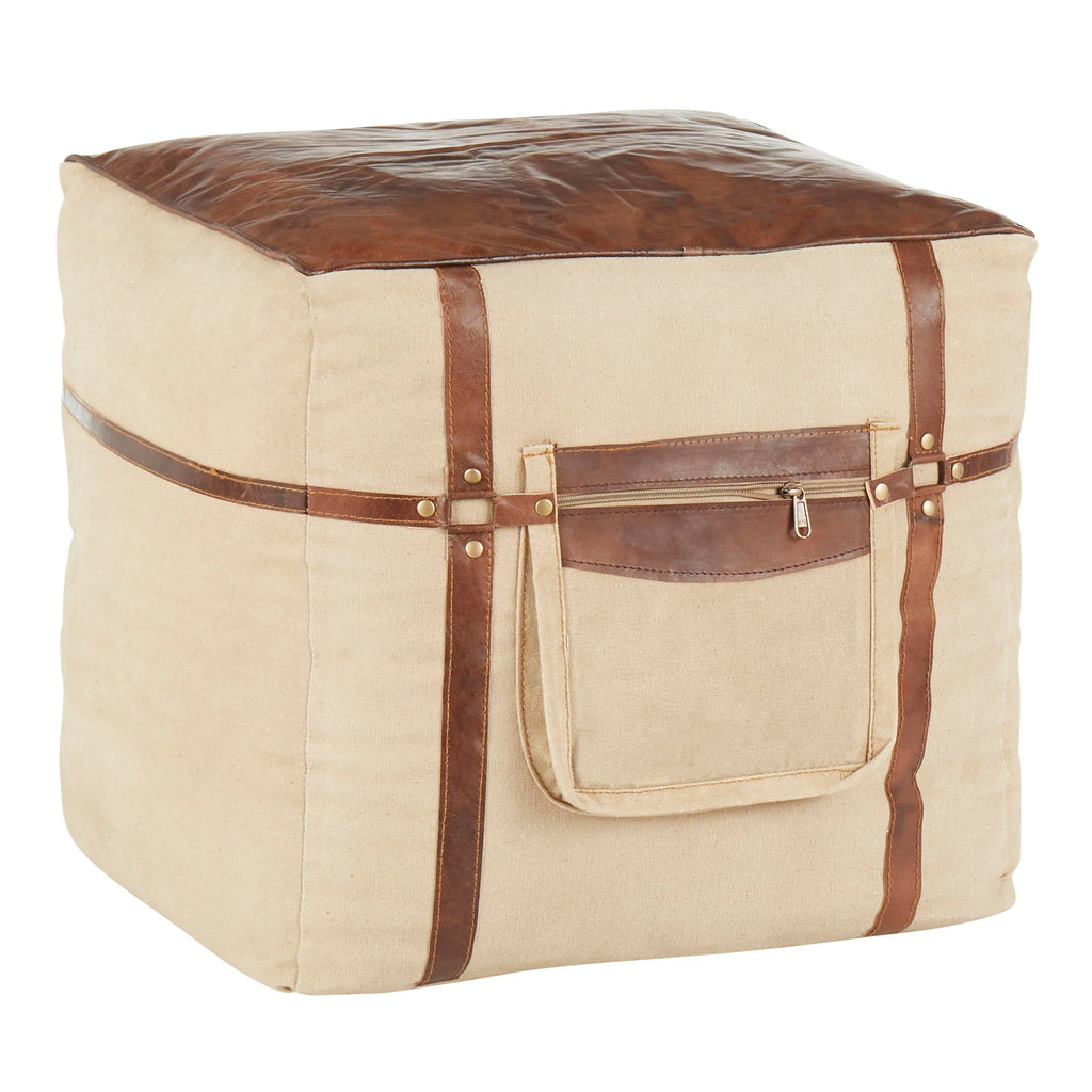 Black Leather Grey Canvas Pouf F8787