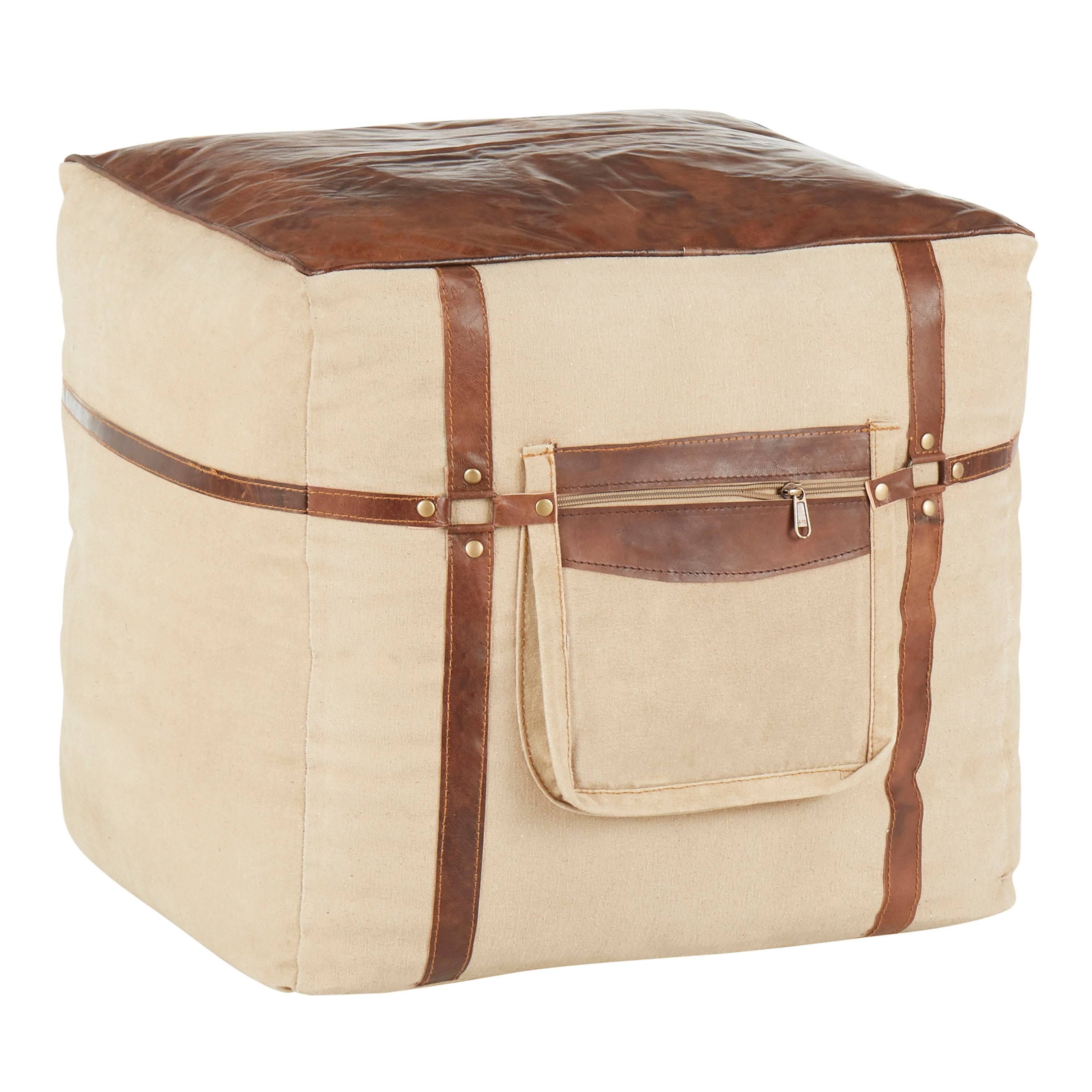 Black Leather Grey Canvas Pouf F8787