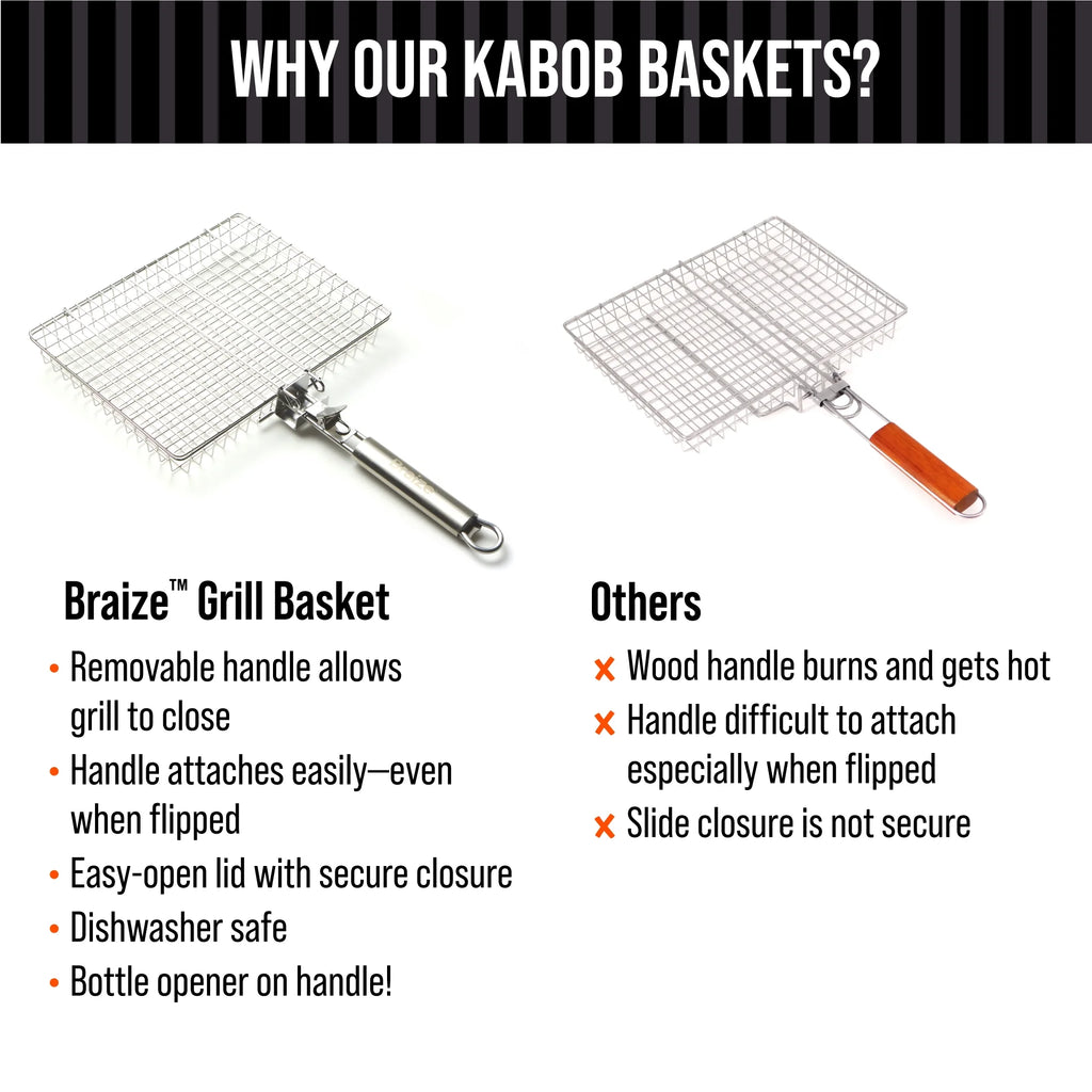12" Stainless Steel BBQ Grill Basket with Removable Handle and Built-in Bottle Opener T960
