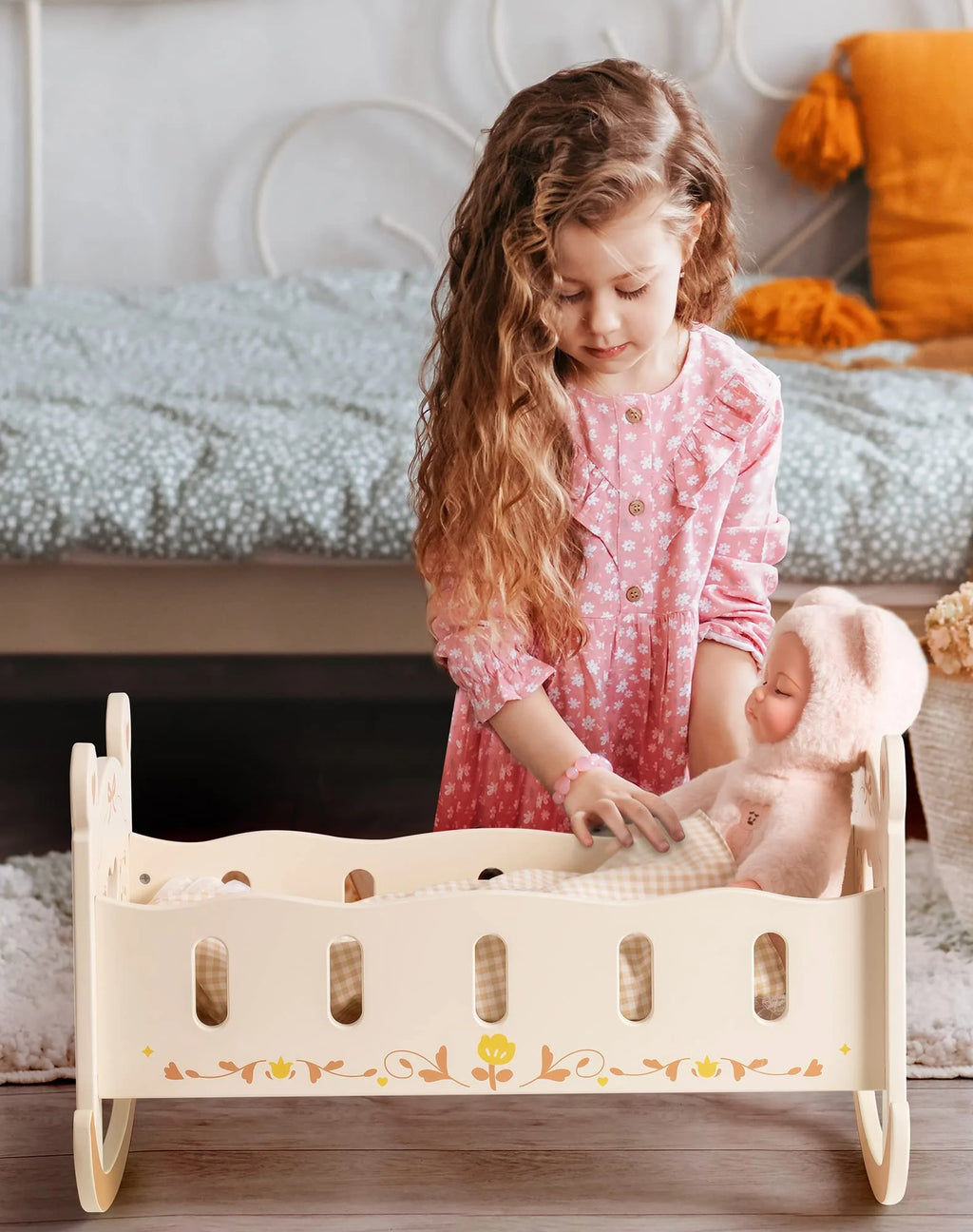 Beige Wooden Doll Cradle with Bedding M2636