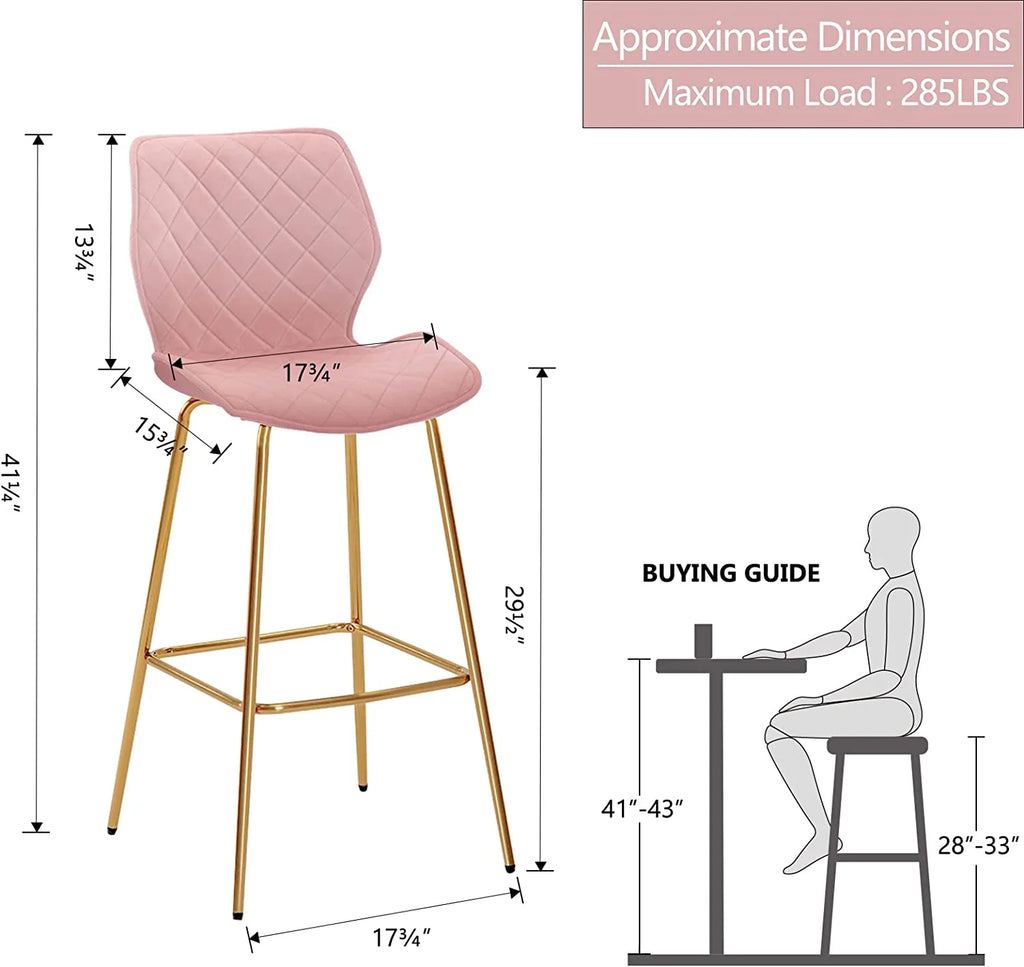 Velvet Bar Stool with Back Set of 2, Gold Metal Legs, Salmon Pink E8104
