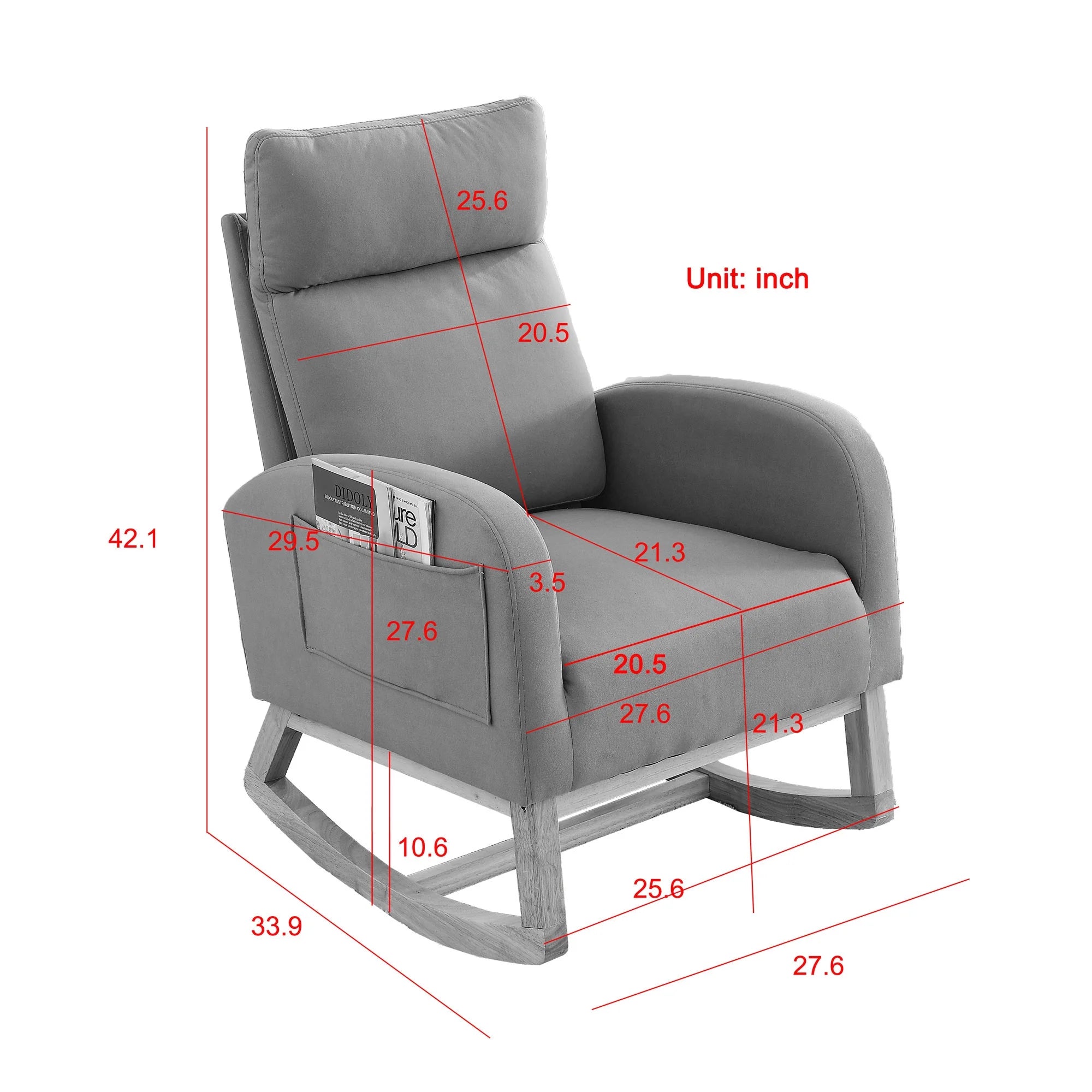 White Fabric Upholstered Rocking Chair with Solid Wood Base and 2 Side Pockets Z43711