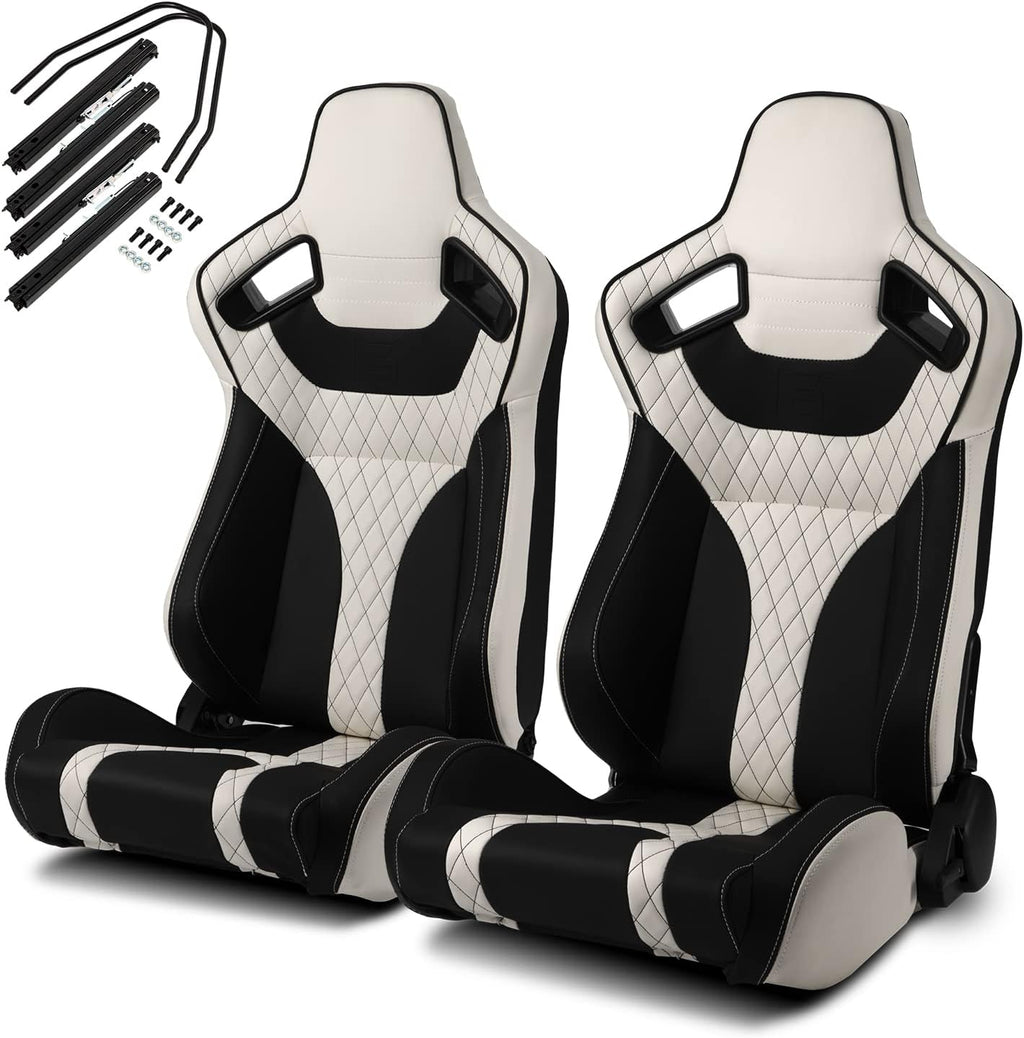 Pair of Black Red PVC Leather Sport Racing Seats with Sliders T38929