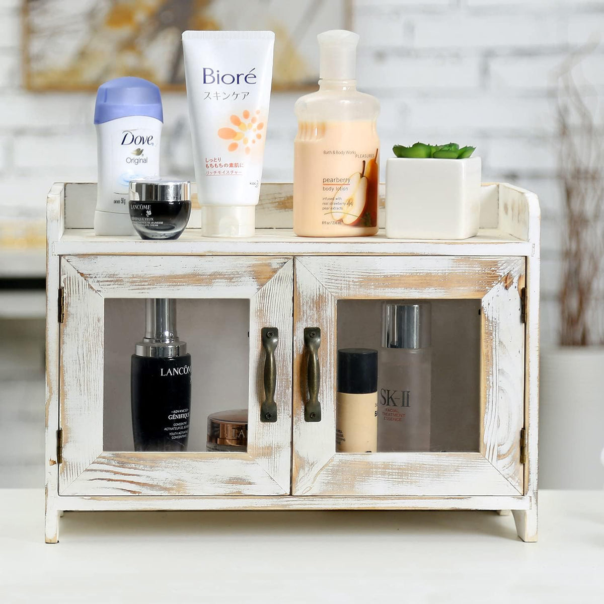 Rustic Whitewashed Wood Countertop Storage Cabinet with Glass Windows V42904