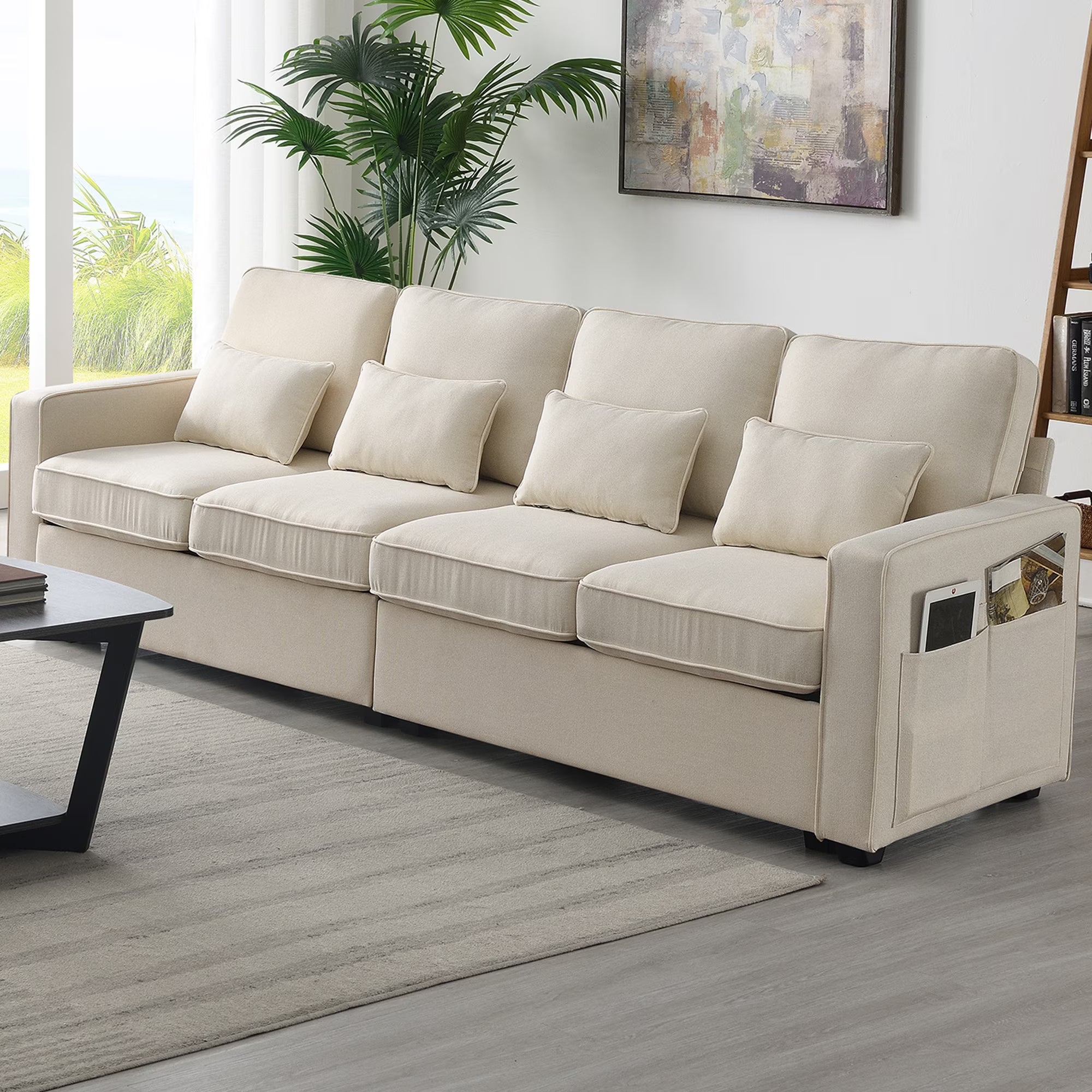 104" 4-Seater Linen Fabric Sofa with Armrest Pockets and 4 Pillows D617138