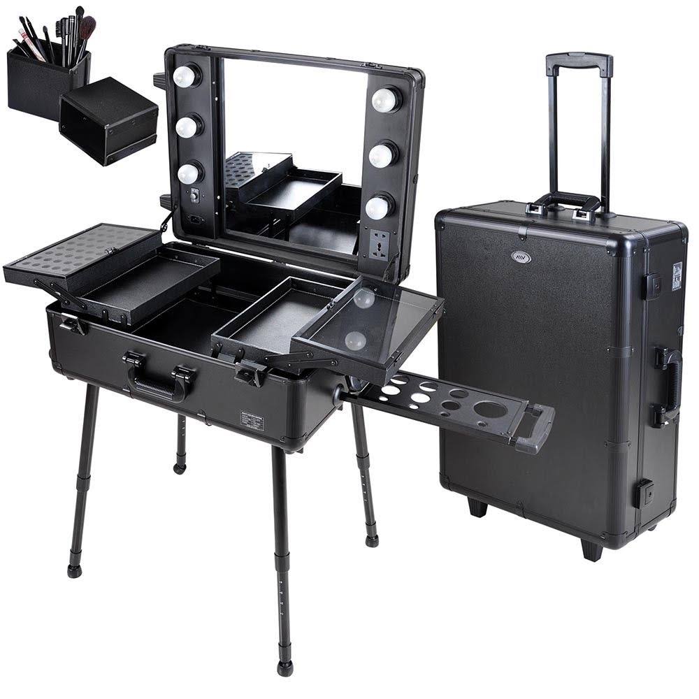 Salon Makeup Train Case Cosmetic Rolling Organizer Table LED Light O770702