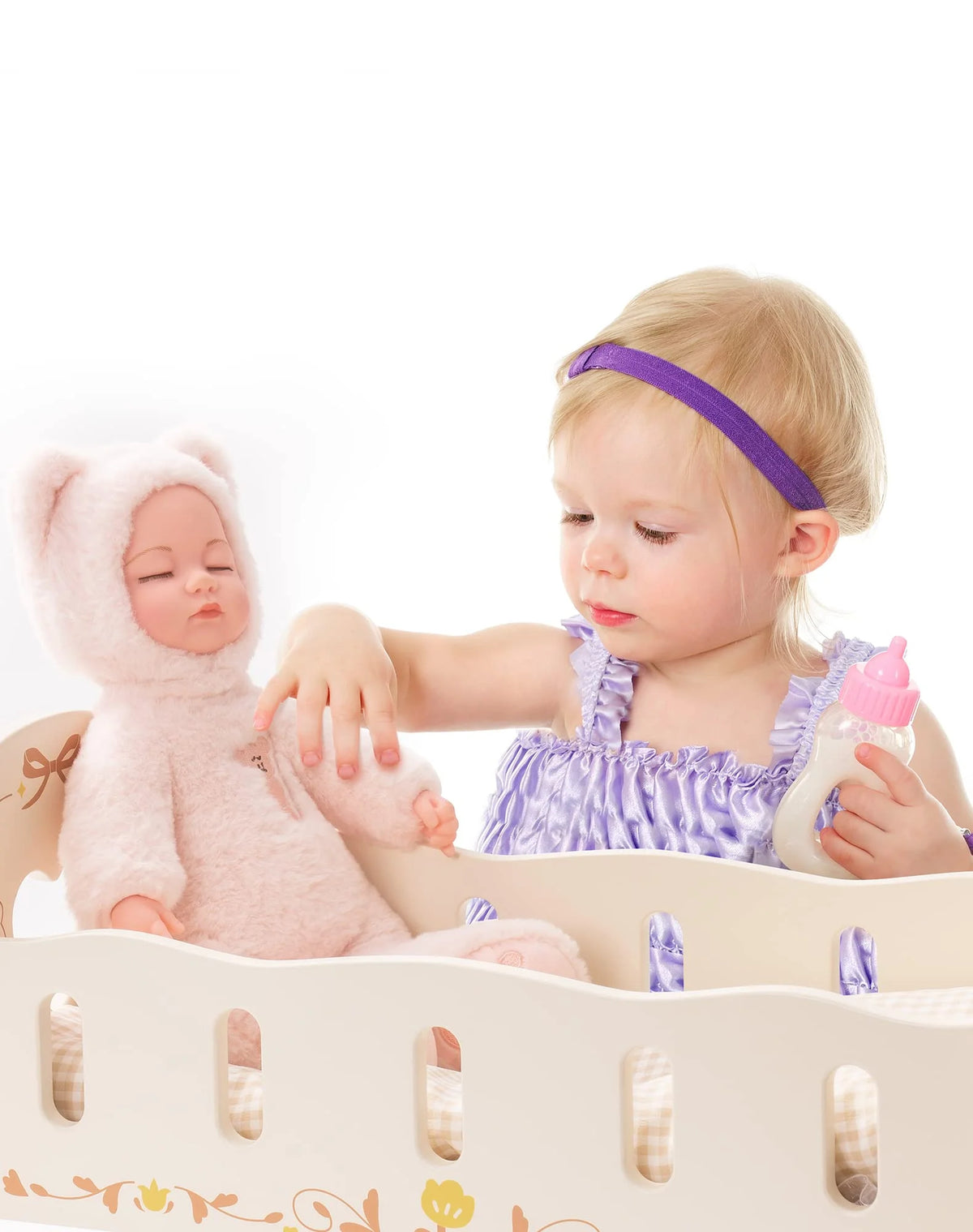 Beige Wooden Doll Cradle with Bedding M2636