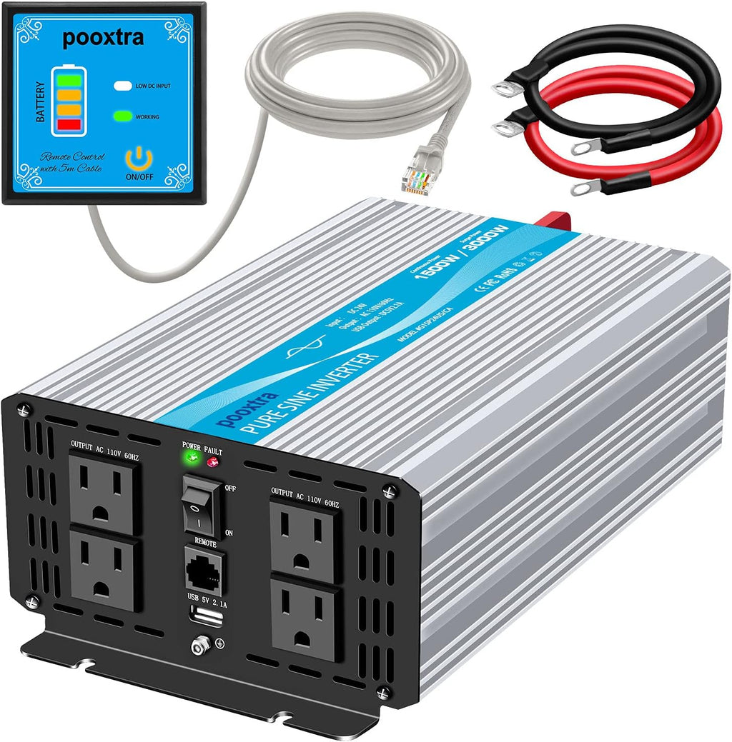 1500 Watt Pure Sine Wave Power Inverter DC 24V to 110V with 4 AC Outlets and 2.1A USB Ports Z7950