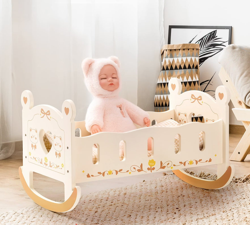 Beige Wooden Doll Cradle with Bedding M2636