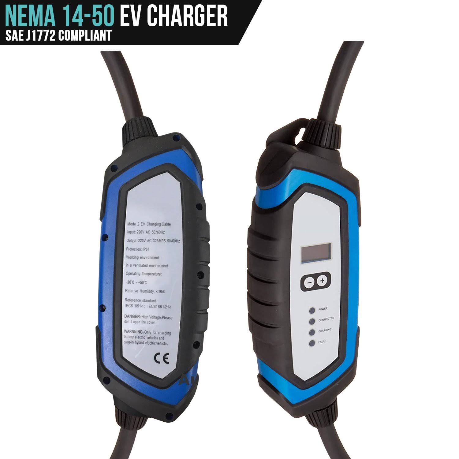 240V 32 Amp Level 2 EV Charger with 21ft Extension Cord J1772 Cable NEMA 14-50 Plug J5973