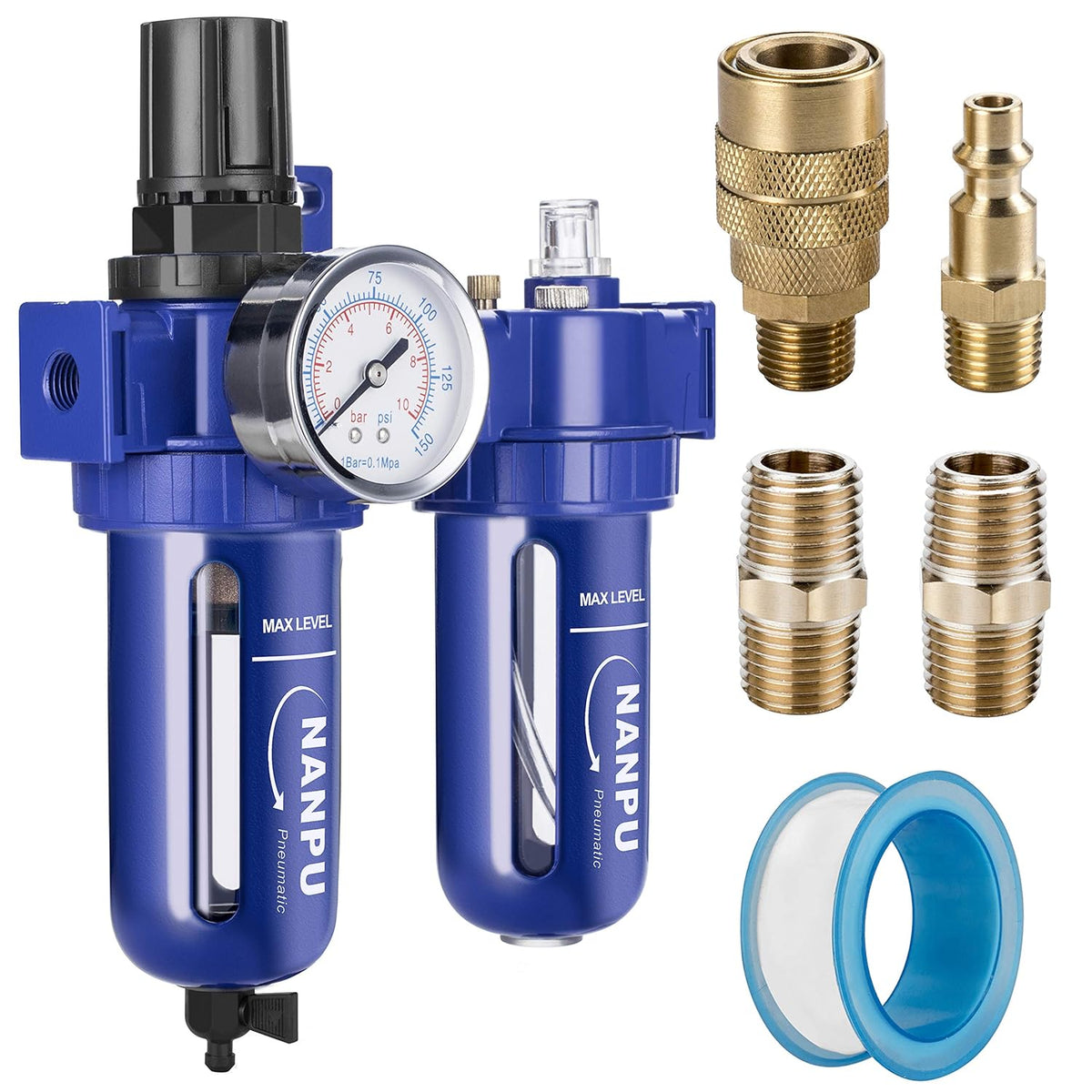 1/2 NPT Compressed Air Filter Regulator Lubricator, Zinc Alloy, 5 Micron Brass Element, 0-150 psi Gauge Q91971