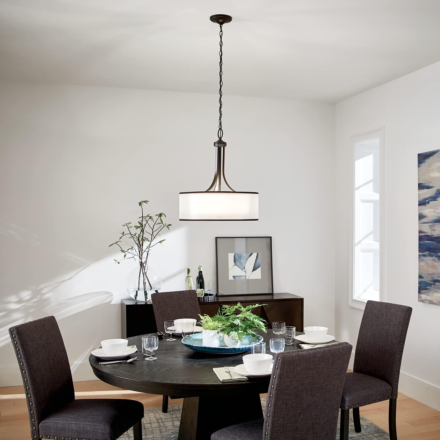 4 Light Pendant with Satin Etched Cased Opal Inner Diffusers and Light Umber Translucent Organza Outer Shade in Mission Bronze G2249