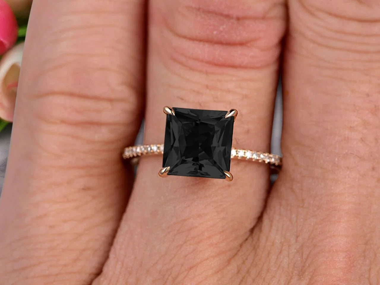 1.75 Carat Princess Cut Black Diamond Moissanite Engagement Ring 10k Yellow Gold W630191