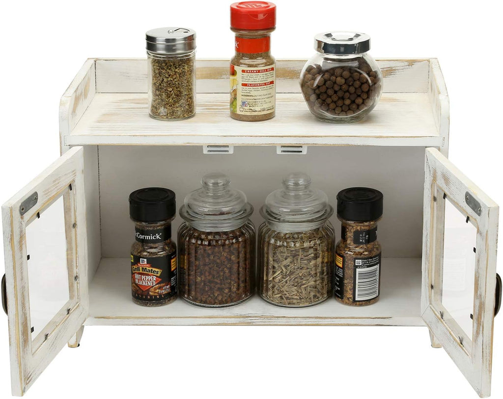 Rustic Whitewashed Wood Countertop Storage Cabinet with Glass Windows V42904