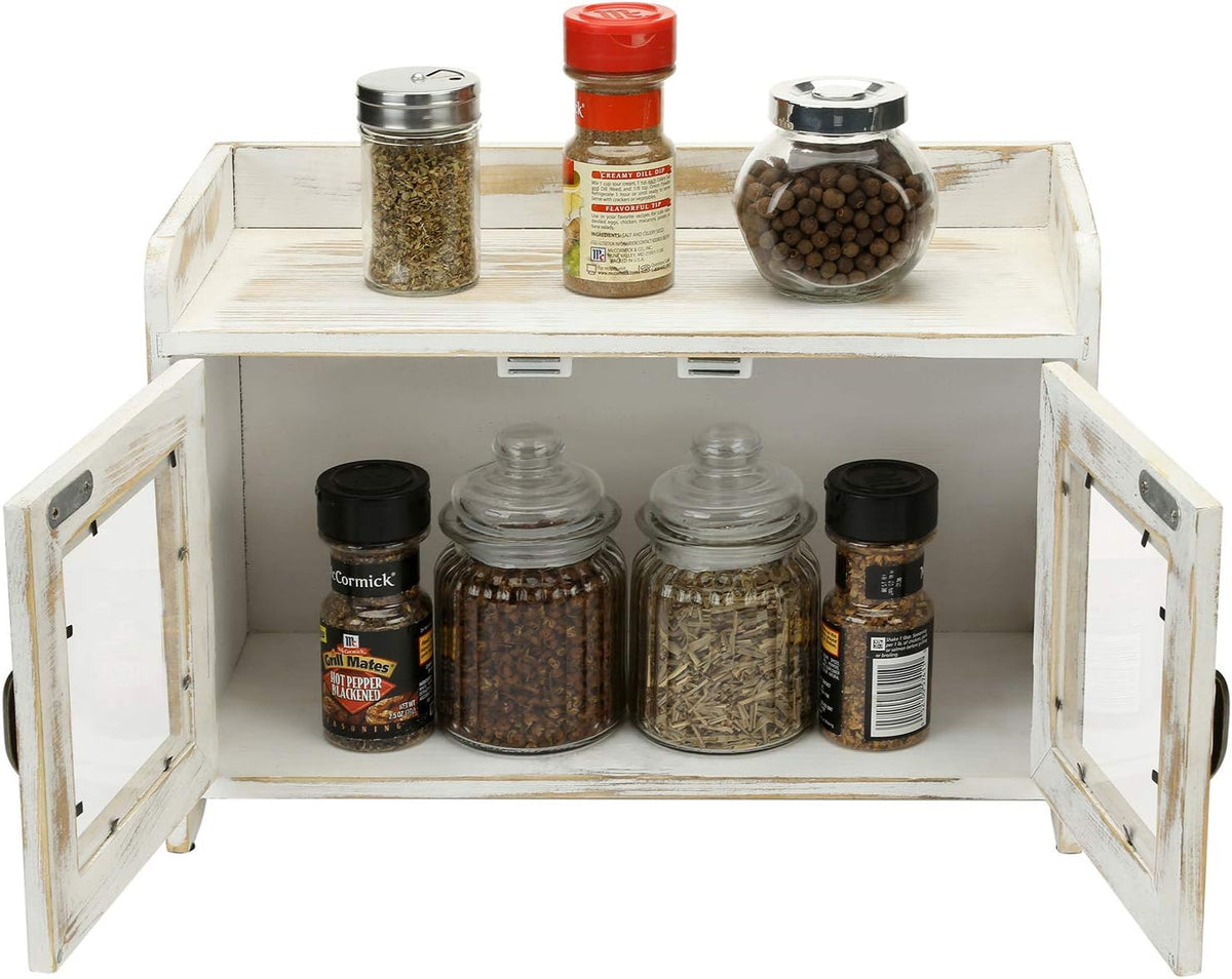 Rustic Whitewashed Wood Countertop Storage Cabinet with Glass Windows V42904