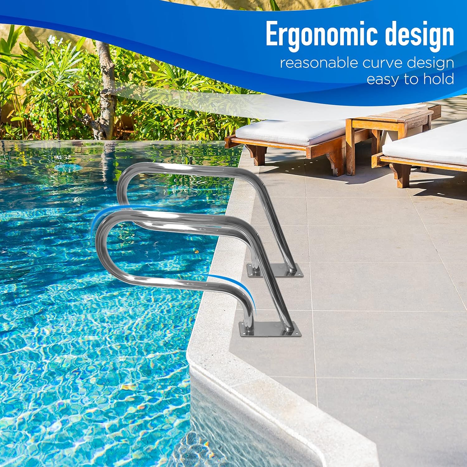 Pool Handrail 32x22.5 304 Stainless Steel with Base Plate Silver E8141