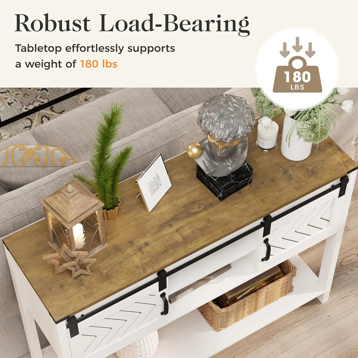 White-Brown Console Table with Sliding Barn Doors D563