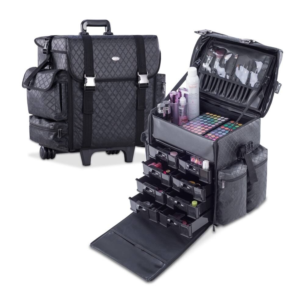 Black Quilted Leather Cosmetic Case with Storage Drawers on Wheels U151899