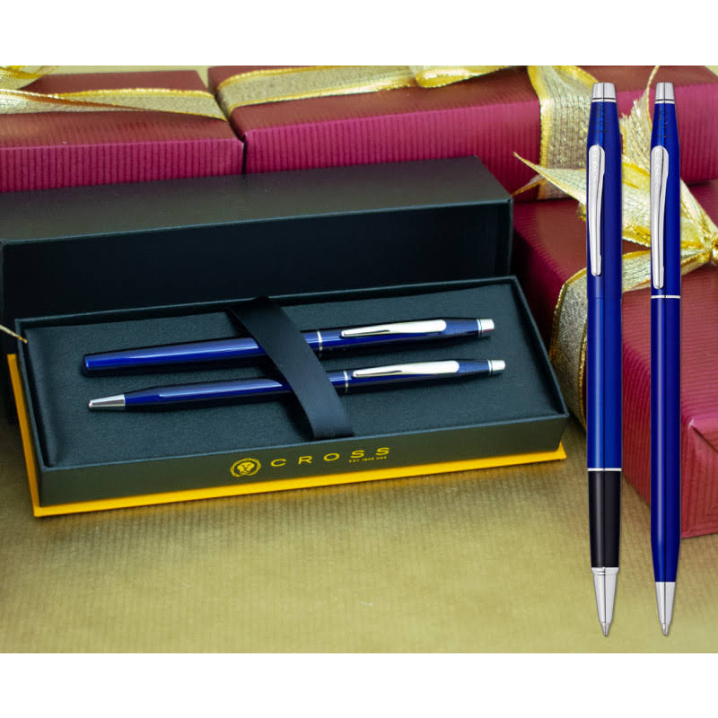 Translucent Blue Lacquer Ballpoint and Rollerball Pen Set Y70498