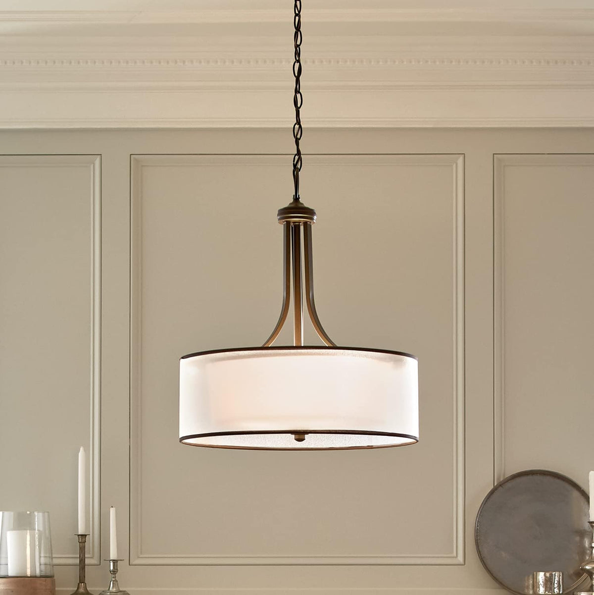 4 Light Pendant with Satin Etched Cased Opal Inner Diffusers and Light Umber Translucent Organza Outer Shade in Mission Bronze G2249