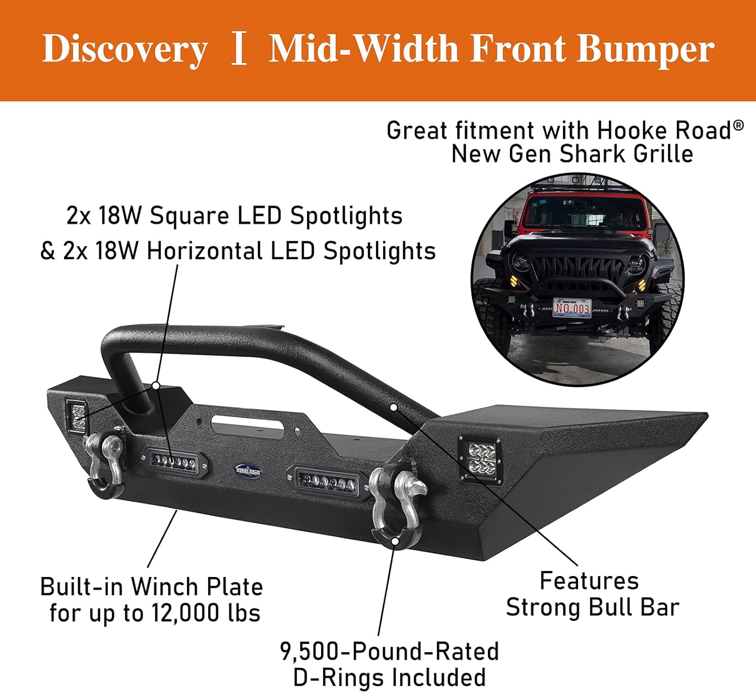 Front & Rear Bumpers Combo with Winch Plate & Spare Tire Carrier & LED Lights & D Rings N423