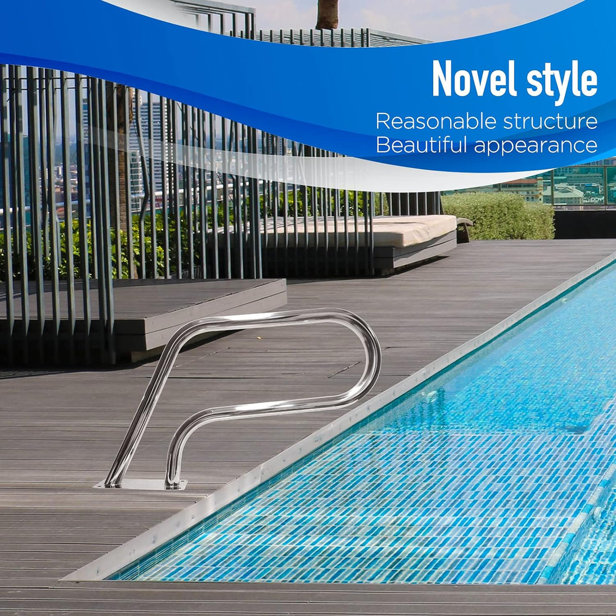 Pool Handrail 32x22.5 304 Stainless Steel with Base Plate Silver E8141