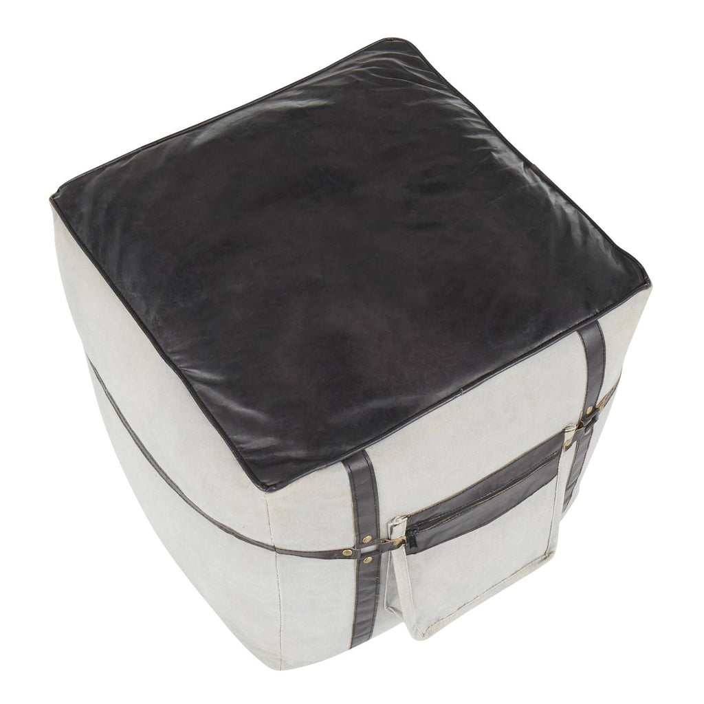 Black Leather Grey Canvas Pouf F8787
